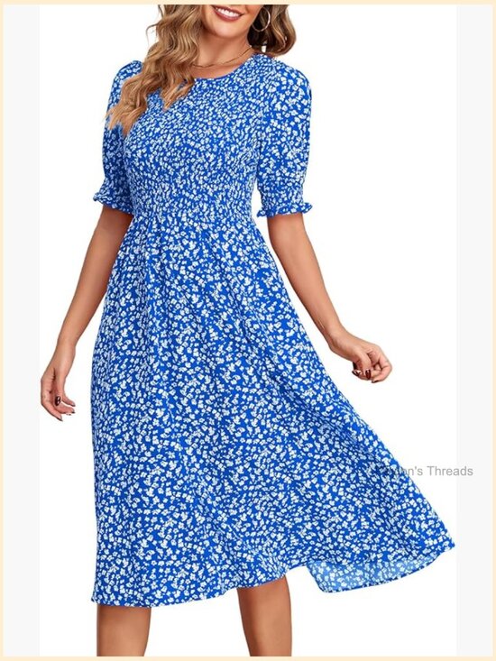 Dresses & Skirts - Casual Floral Midi Dress with Pockets Smocked Puff Sleeve